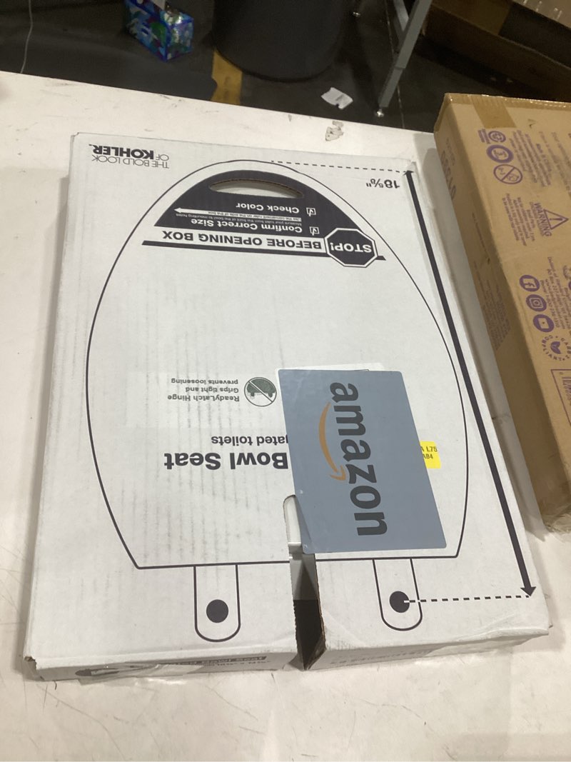 Condition photo showing As Is for kohler 4636-rl-0 cachet readylatch elongated slow close toilet seat, soft close toilet seat quiet lid, contoured grip-tight bumpers installation hardware, apartment essentials, white white elongated ready latch