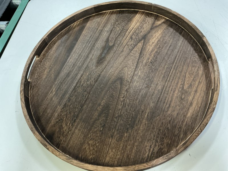 Condition photo showing Good Condition for 22 inch round wooden tray for decor large ottoman serving | rustic farmhouse decorative tray for coffee table centerpiece living room home decor 22"