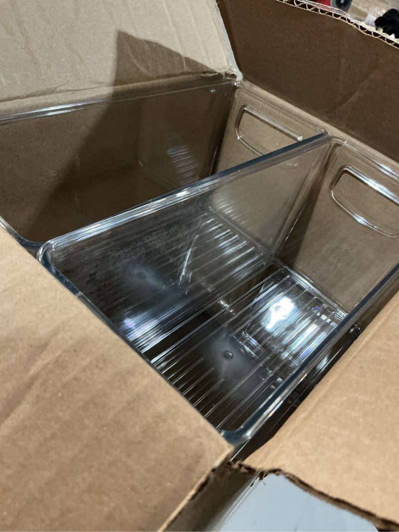 Condition photo showing As Is for InterDesign Slim Clear Plastic Stackable Storage Bin, Tall Narrow Organizer for Kitchen or Pantry, 4-Pack Pack of 4