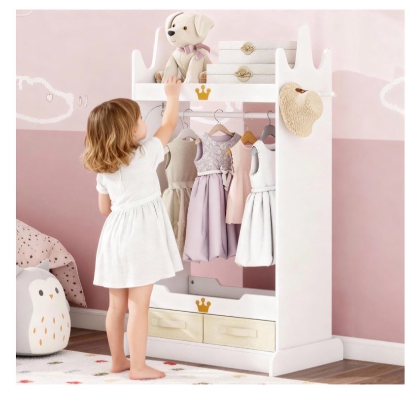 FTZxHKLX Kids Dress Up Storage with Mirror, Kids Costume Wardrobe with Shelves & Non-Woven Drawers