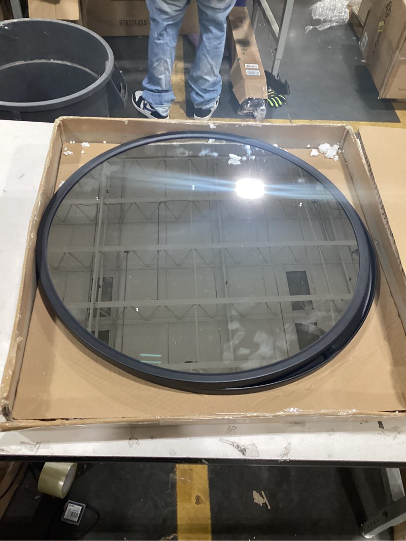 Condition photo showing As Is for Growsun 20'' Black Round Mirror, Circle Wall Mirror for Bathroom Vanity, Entryway Living Room with Metal Frame for Home Decor Black 20"L x 20"W
