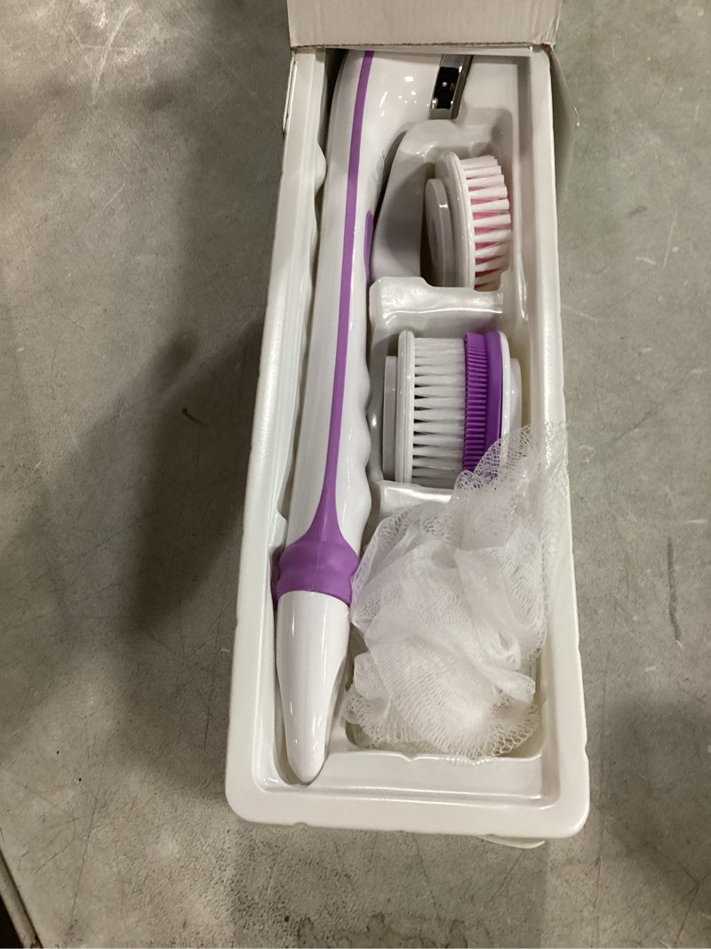 Condition photo showing Good Condition for voyor electric body brush back scrubber for shower rechargeable exfoliating bath brush powered shower brush with non-slip long handle deep cleansing, exfoliation, massaging spin brush bc100 (purple)