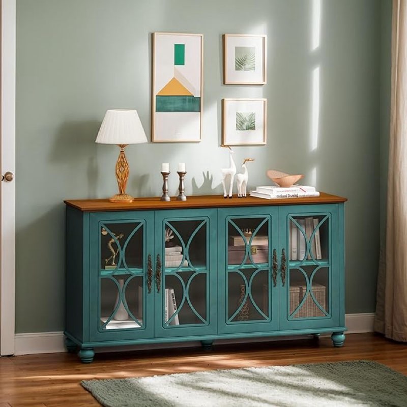 SOFTSEA Farmhouse Sideboard with Tempered Glass Doors, 60 inch Buffet Cabinet for Kitchen Dining Room Living Room, Dark Green