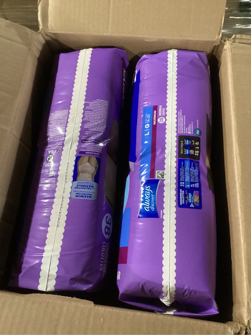 Condition photo showing New/Like New for always discreet adult incontinence underwear for women and postpartum underwear, large, up to 100% bladder leak protection, 76 count (2 packs of 38) large 76