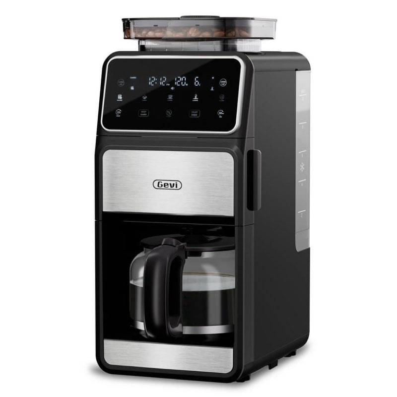 Gevi 10-Cup Drip Coffee Maker with a built-in burr grinder and digital touchscreen