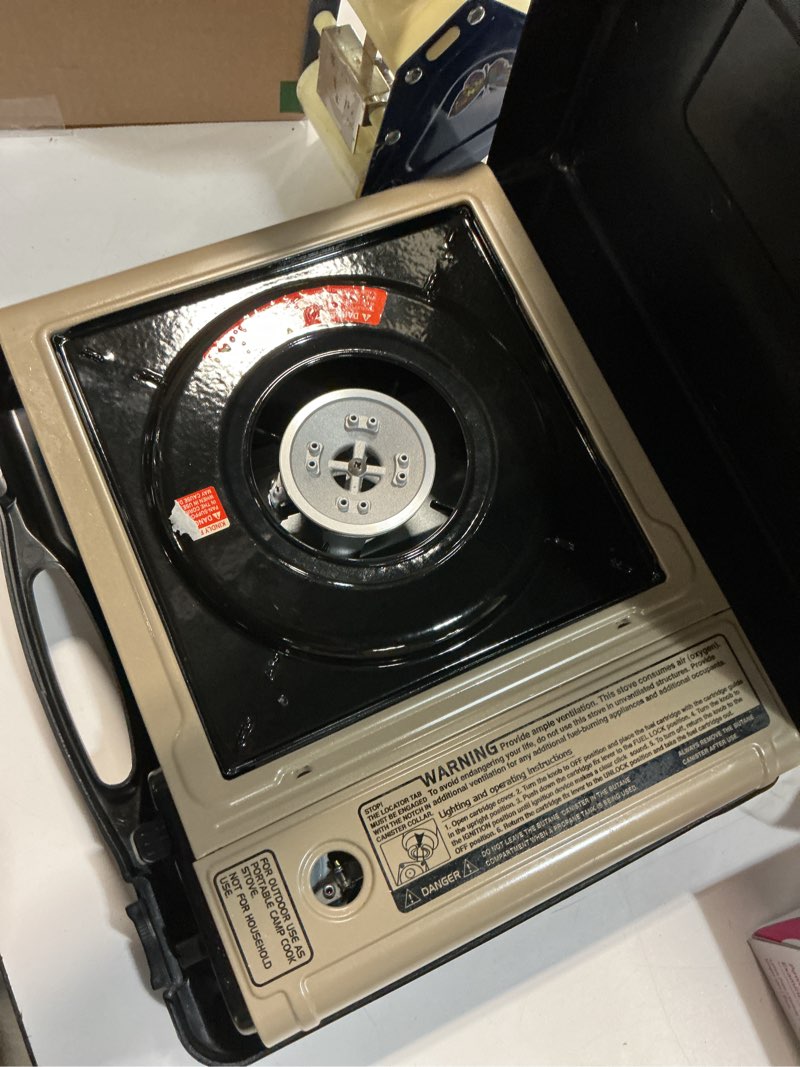 Condition photo showing As Is for Similar Propane or Butane Stove with Windblocker, 10,000 BTU Dual Fuel Propane Stove for Camping, Automatic Ignition Gas Portable Stove with Propane Adapter Hose Carrying Case for Outdoor (Fuel Not Included) Dual fuel + Windblock+Hose
