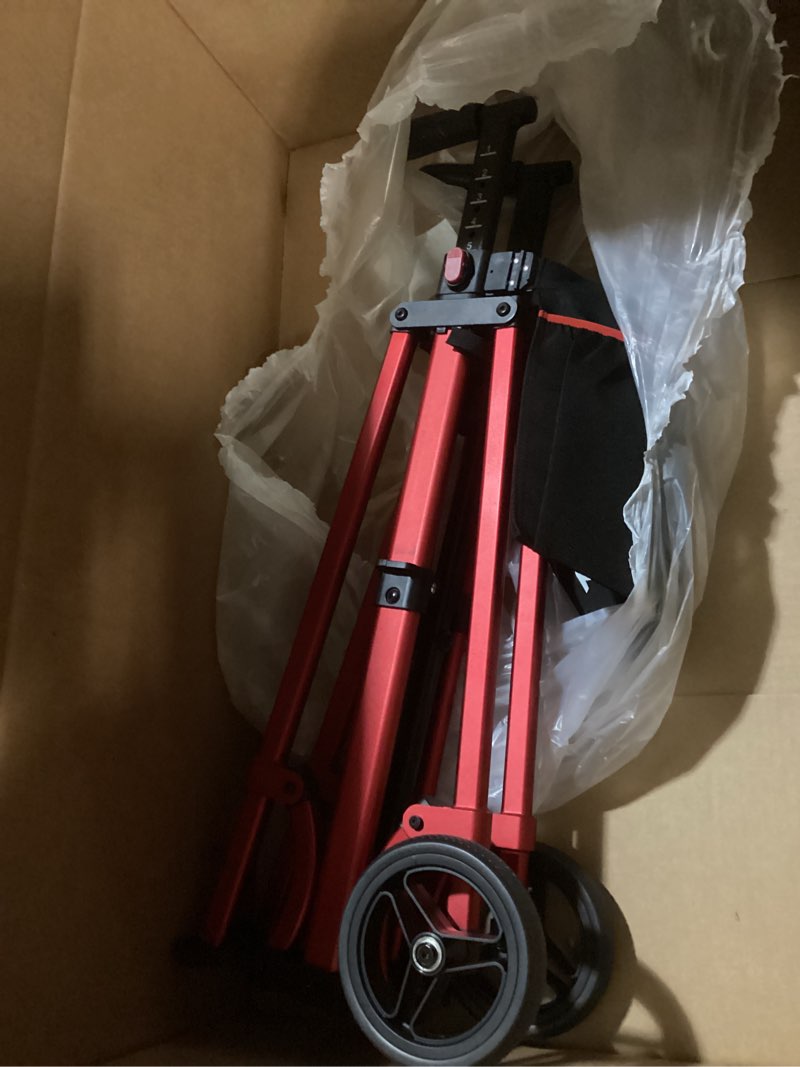 Condition photo showing Good Condition for folding walkers for seniors, lightweight narrow travel walker, fully assembled standard walker with 2 wheels, adjustable height for tall, aluminum frame supports 400 lbs, extra 2 skis and storage bag red standard