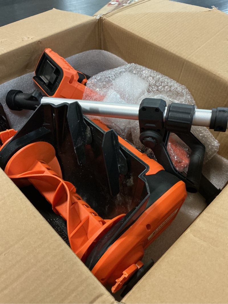 Condition photo showing As Is for cordless snow shovel, electric snow shovel 12" width 6.7" depth cleaning and 20ft throwing distance, 4 ah 21v battery brushless snow mover with adjustable front handle for driveway, steps, patio