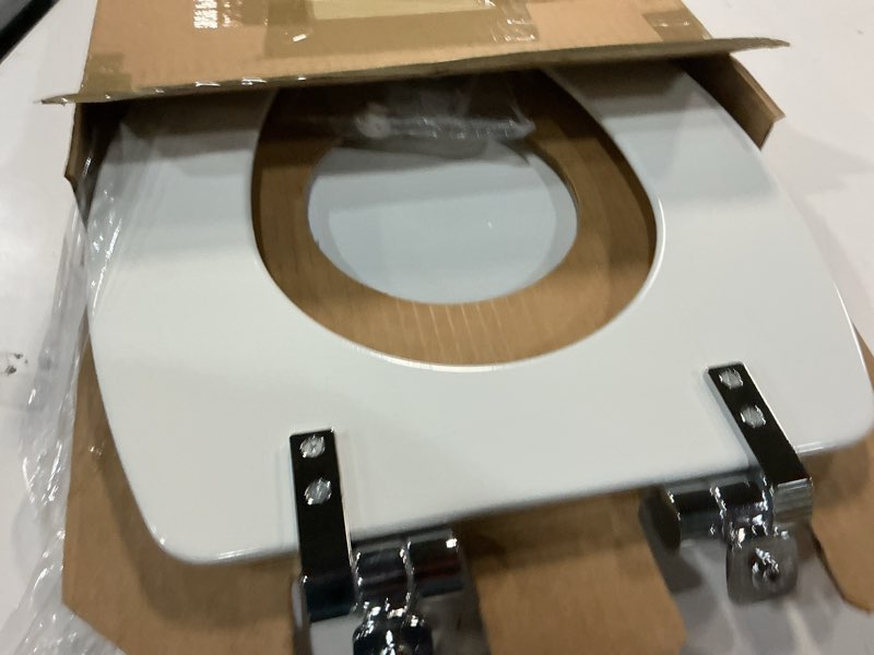Condition photo showing New/Like New for mayfair bennett toilet seat with chrome hinges, slow close wood seat, secure metal hinges, easy install, made in usa, elongated, white elongated chrome