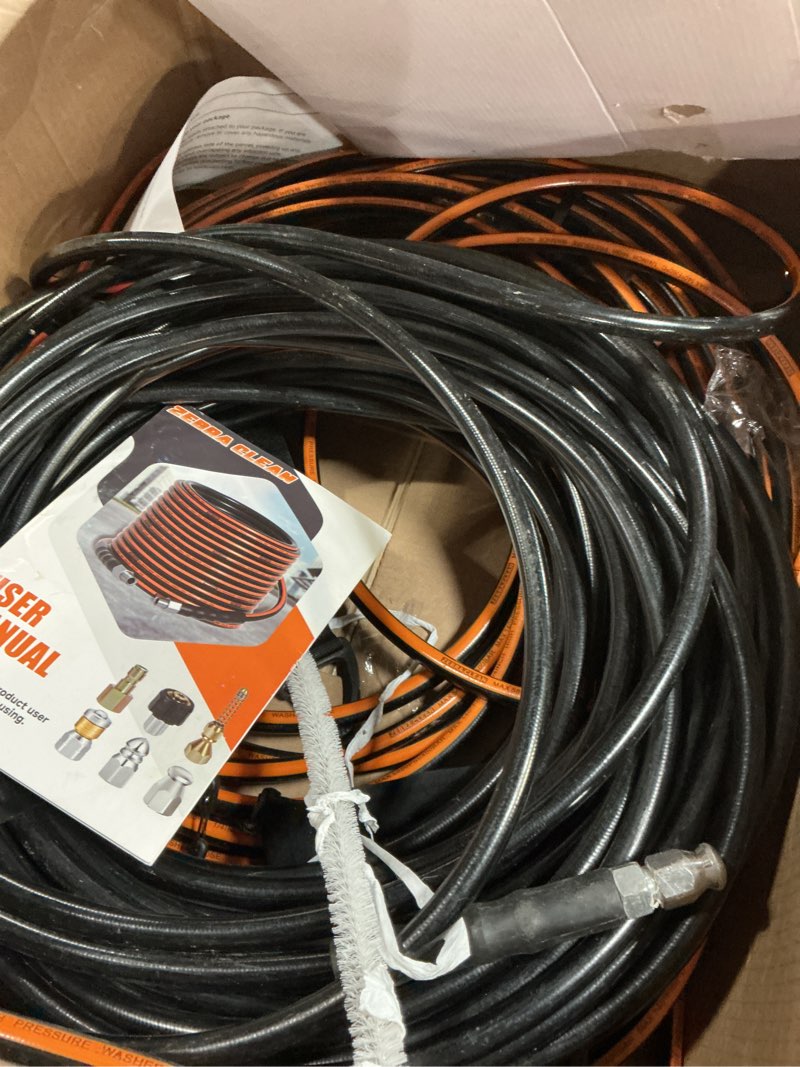 Condition photo showing Good Condition for 200ft sewer jetter kit for pressure washer, 1/4" npt corner drain cleaner hose 5800 psi with sewer jetting nozzles, pearl corsage pin, waterproof tape, extension cord organizer&2 spanner