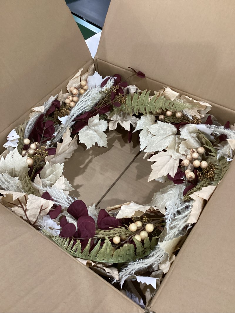 Condition photo showing New/Like New for Fall Wreath for Front Door 24"-26" Artificial Maple Leaf Wreath with Burgundy Eucalyptus Beige Pampas Grass Berries Autumn Wreaths for Home Farmhouse Thanksgiving Harvest Halloween Fall Decor 24-26 Inch Fall