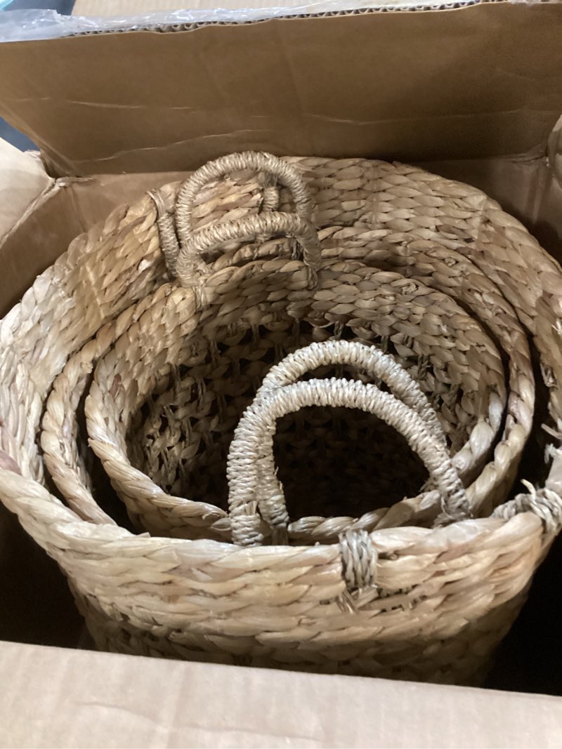 Condition photo showing Good Condition for Deco 79 Coastal Fabric Cylinder Storage Basket, Set of 3 18", 16", 13"H, Brown