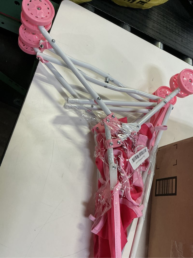 Condition photo showing As Is for My First Baby Doll Stroller for Toddlers 1-3 Year Old Girls, Little Kids | Toy Stroller with Bottom Storage Basket, Foldable Frame, Canopy, Seatbelt - Unicorn (Pink)