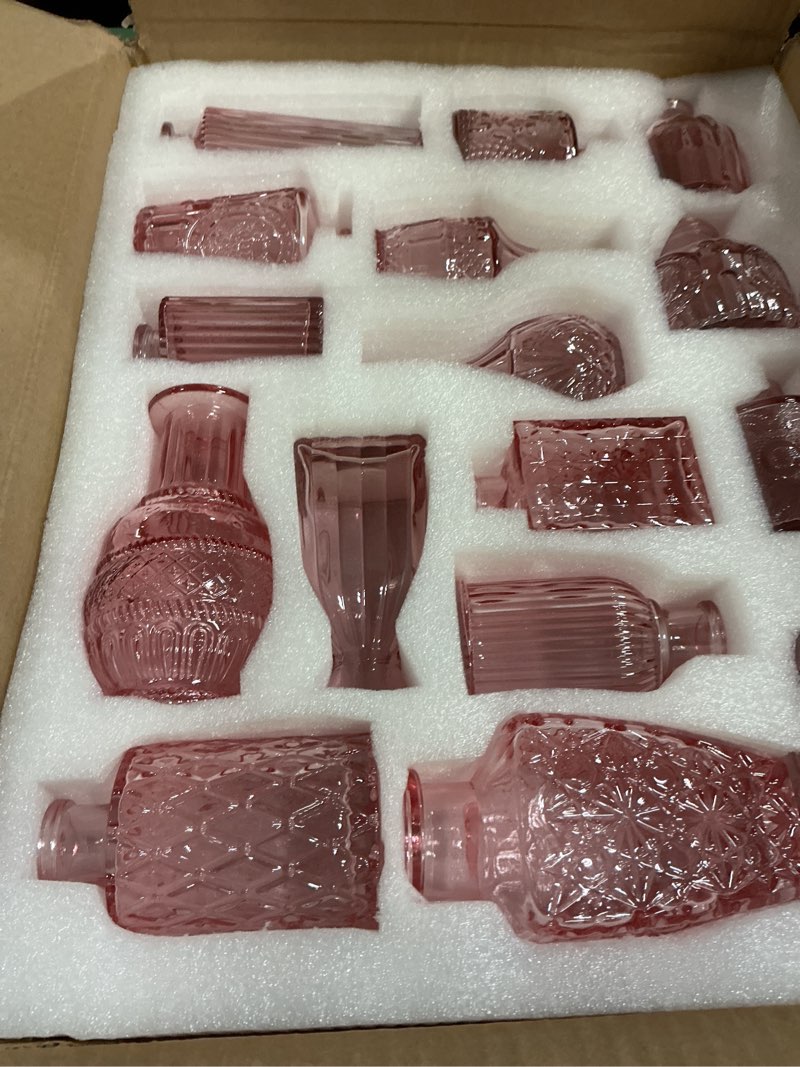 Condition photo showing Good Condition for Glass Bud Vases Set of 16 - Pink Assorted Small Mini Glass Vases for Flowers, Crystal Vintage Vase Set, Bulk Centerpieces for Table Décor, Wedding, Home and Events (Pink, 16 Pcs) Pink 16 Pcs