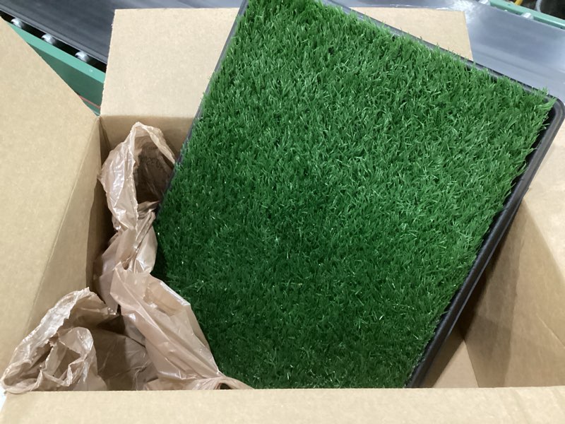 Condition photo showing As Is for petmaker artificial grass puppy pee pad with tray, reusable dog potty training mat for indoor & outdoor use, easy clean artificial turf surface for dogs and small pets, fake grass potty small 4-layer system