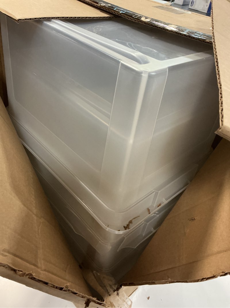 Condition photo showing As Is for file tote with snap lid and built in handles, letter/legal size, 18" x 14 1/4" x 10-7/8", clear