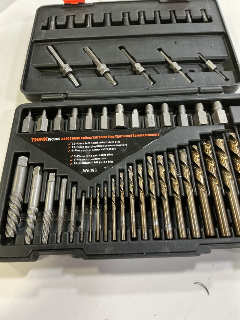 Condition photo showing New/Like New for thinkwork screw extractor set, 55 pieces easy out bolt extractor set, left hand drill bit set for removing broken stripped screws, studs, fittings and lugs extraction 55 piece screw extractor set
