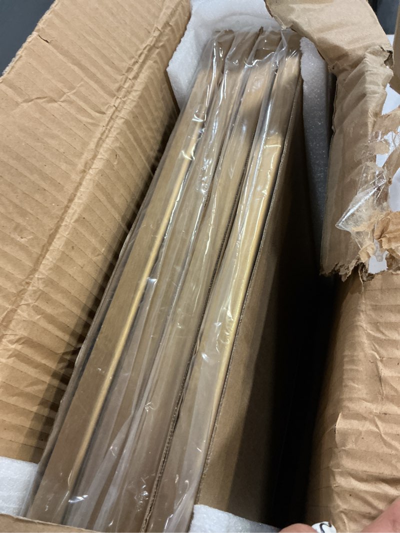 Condition photo showing New/Like New for 11x14 picture frame set of 4, matted brass simple modern brushed thin aluminum metal photo frame fits 8x10 with mat or 11 x 14 without mat vertical and horizontal for tabletop and wall mounting 11x14 brass