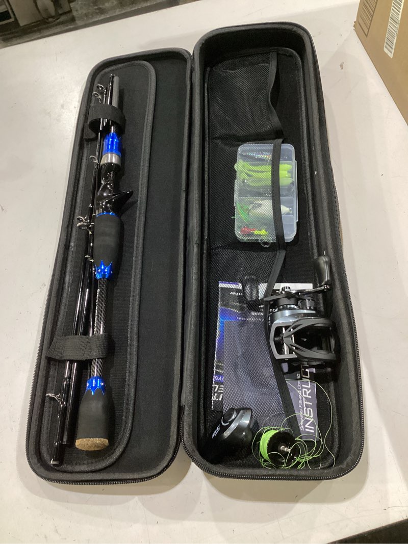 Condition photo showing Good Condition for dc baitcasting combo, smart digital brake reel, 4-section carbon rod, tackle bag, line & lures, complete travel kit for bass freshwater
