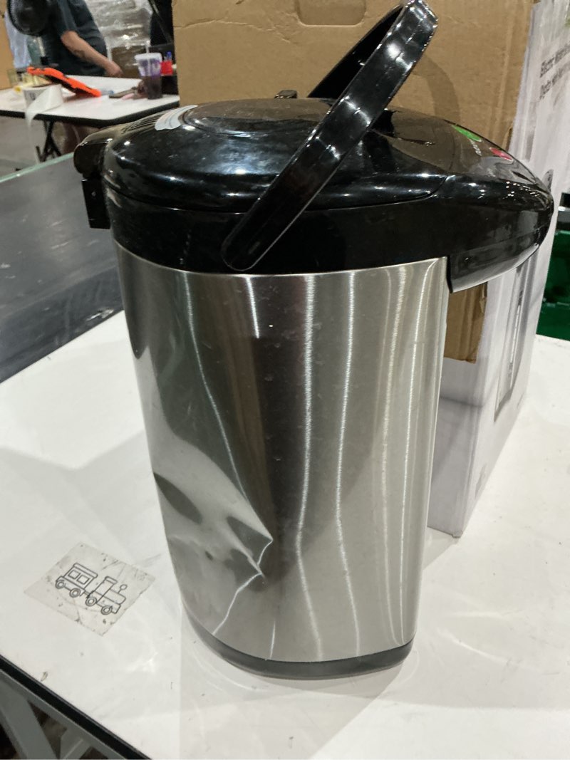 Condition photo showing As Is for nutrichef 5.2 qt electric water kettle, portable, quick heating, 5 liter digital kettle with 5 temperature settings, safety lock, stainless steel, 3 dispensing options, 8.46" x 11.2" x 16.5" 5.3 quarts