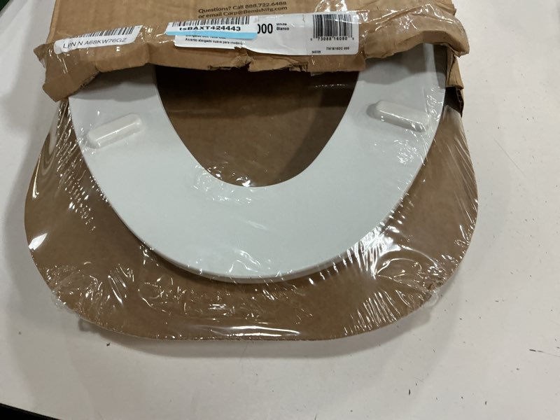 Condition photo showing New/Like New for mayfair padded toilet seat, cushioned soft vinyl over wood core seat, secure hinges, easy clean, made in usa, elongated, white elongated white toilet seat
