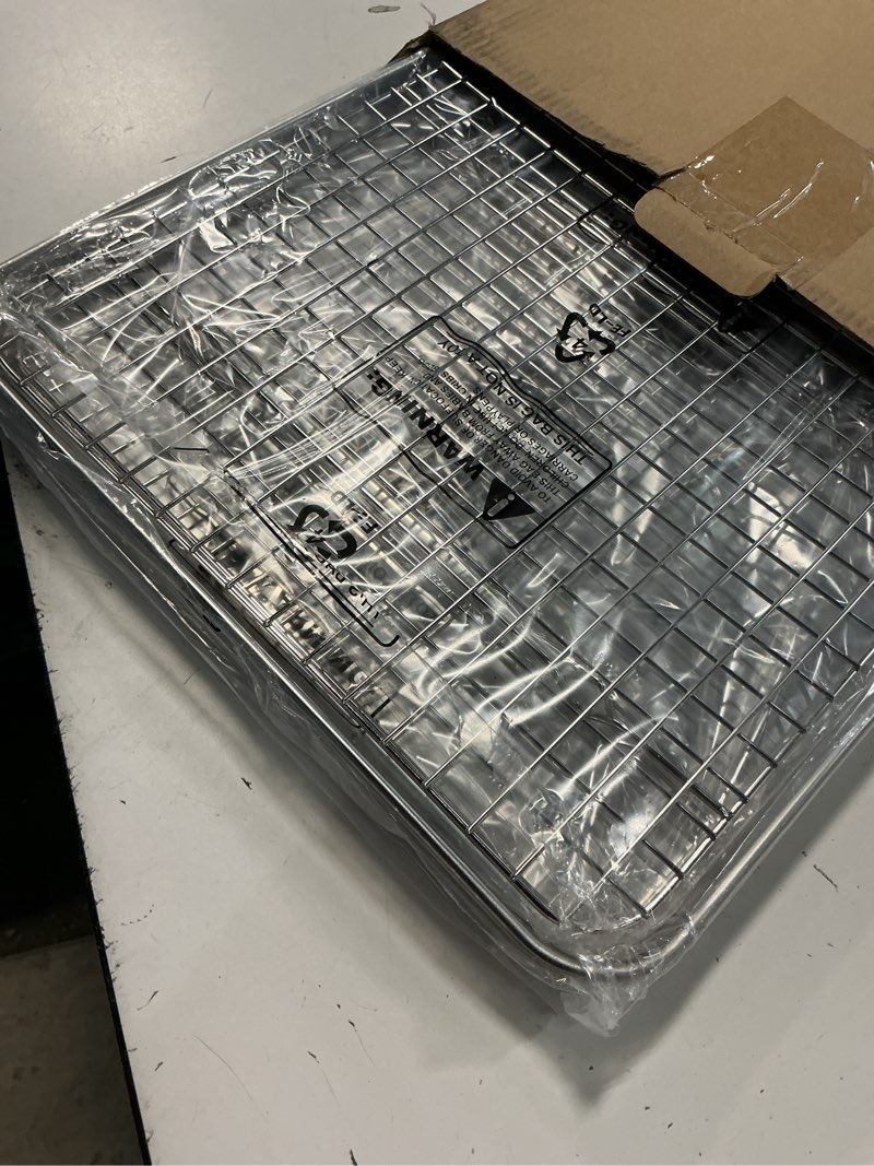 Condition photo showing New/Like New for rottay baking sheet, half sheet pan with cooling rack set [2 pans + 2 racks], stainless steel baking pan for oven, warp resistant & heavy duty & rust free, size 18 x 12 x 1 inches 18" x 12" x 1"