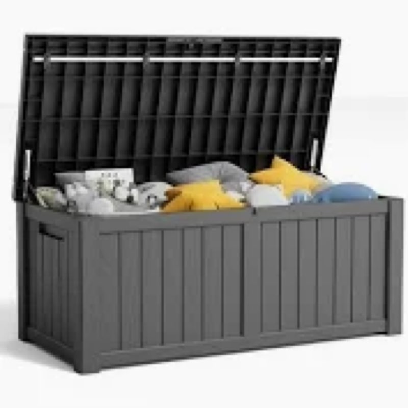 east oak outdoor storage box, 120 gallon deck box with stainless steel rods large resin storage bin 