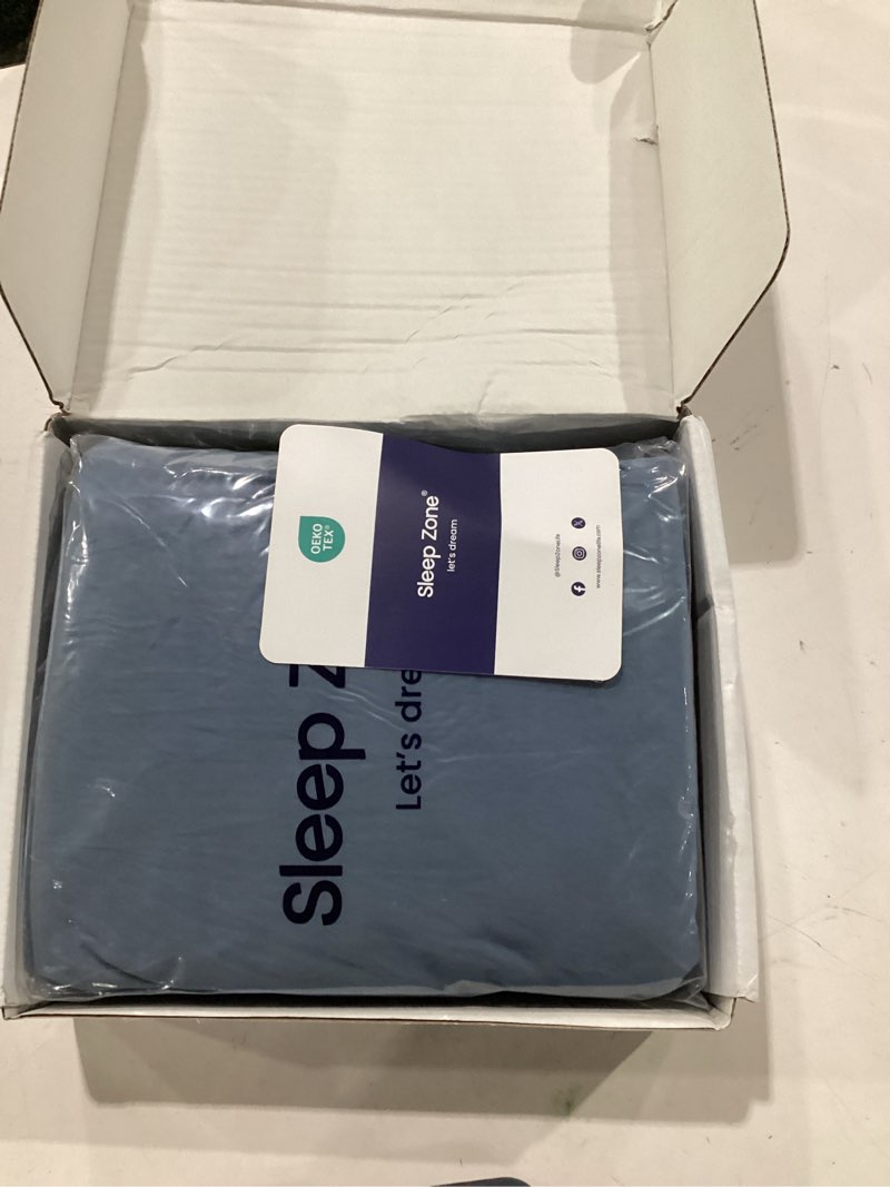 Condition photo showing New/Like New for sleep zone queen sheet set, 4 pcs soft prewashed luxury bedding sheets with fitted sheet, flat sheet and 2 pillowcases for hotel, home, flint stone blue flint stone blue queen