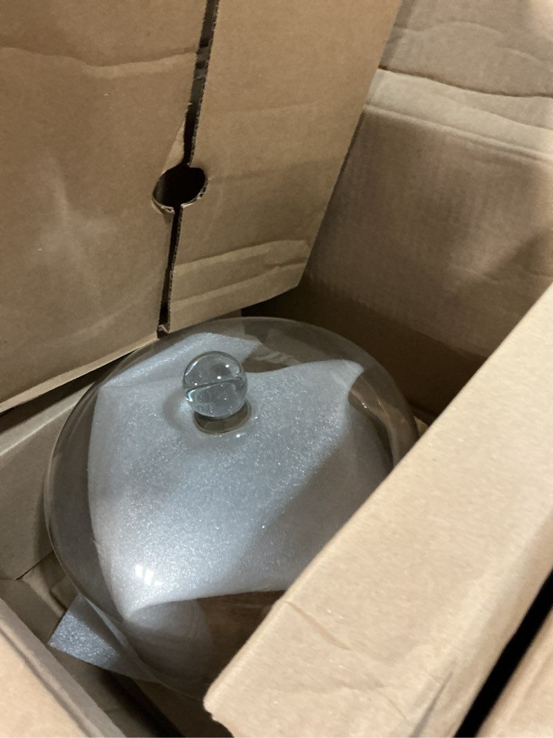 Condition photo showing As Is for libbey acacia wood cake stand with lid, footed cake stand with cover, durable ball top handle glass dessert dome footed round