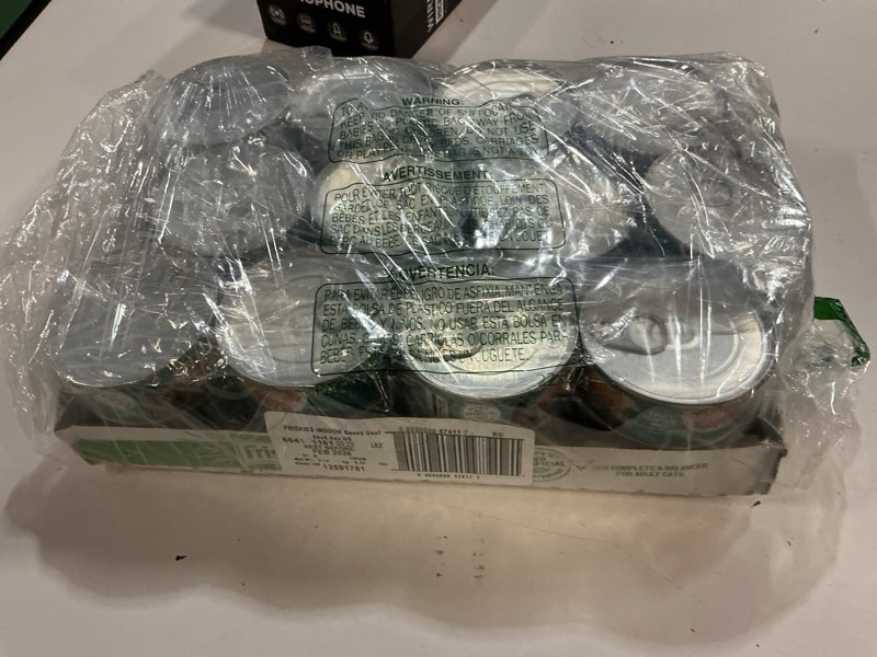 Condition photo showing New/Like New for ( bb/02/2028) purina friskies indoor cat food meaty bits saucy seafood bake with garden greens in sauce - (pack of 24) 5.5 oz. cans 5.5 ounce (pack of 24)