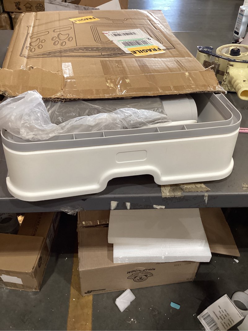 Condition photo showing New/Like New for medario cat litter box with litter mat and scoop, large covered litter box with lid, enclosed kitty box, front entry top exit, odor control, easy to clean (grey)
