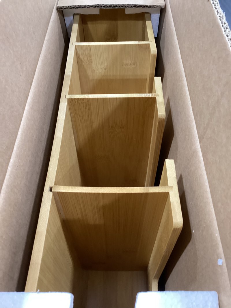 Condition photo showing Good Condition for mind reader condiment station  5 section break room kitchen organizer for hot or cold disposable cups  lids  straws  utensil storage  bamboo  brown