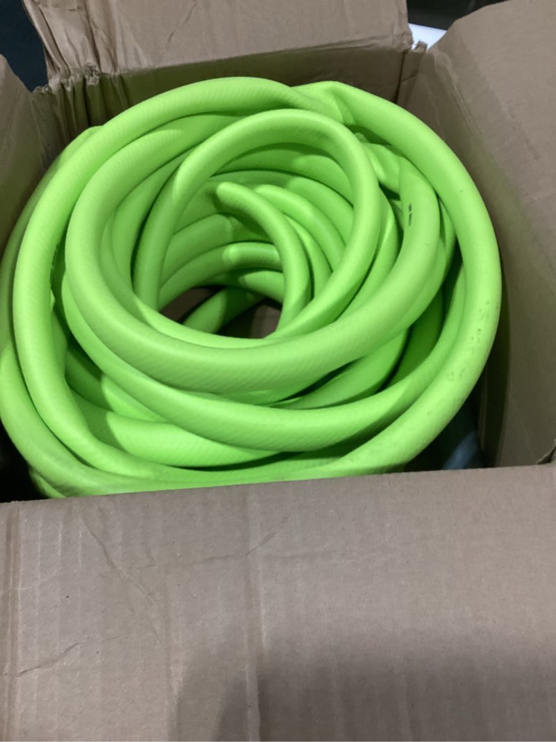 Condition photo showing As Is for flexzilla garden hose 5/8 in. x 50 ft., lightweight all-weather water hose, durable and flexible, leak-free connections standard grip 50ft chartreuse