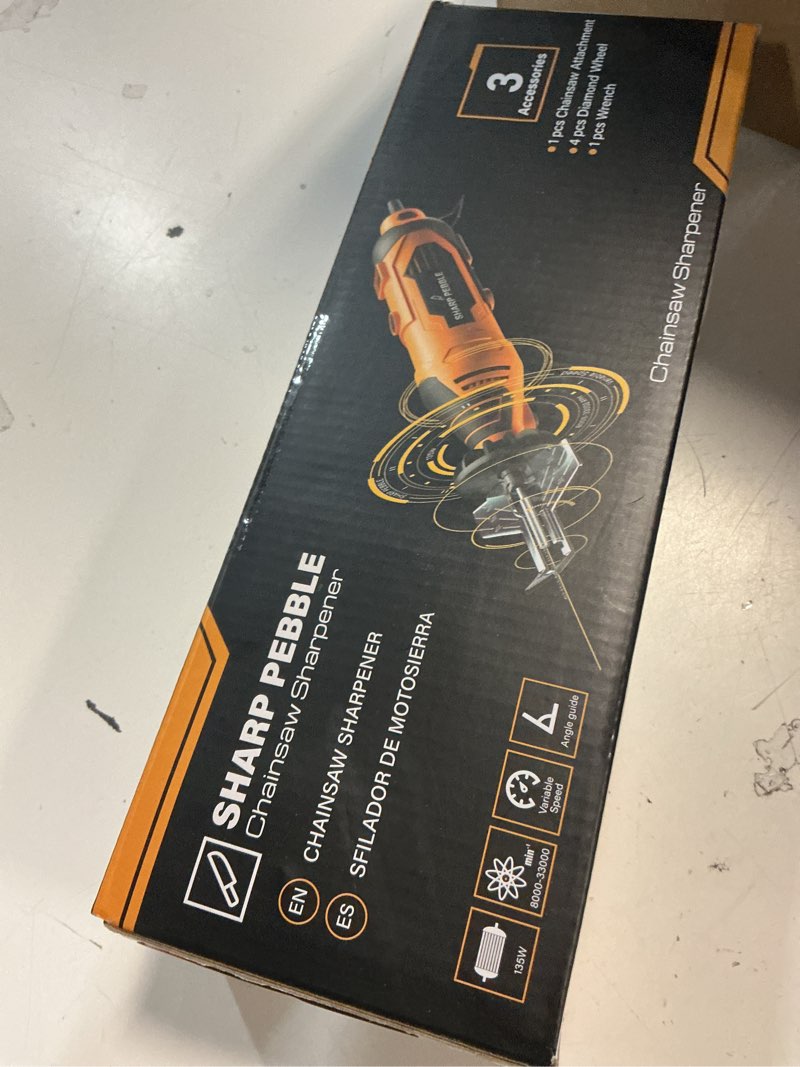 Condition photo showing Good Condition for sharp pebble electric chainsaw sharpener kit - comes with chain saw sharpener tool, 4 file size sharpening wheel bits, angle attachment, wrench & ebook