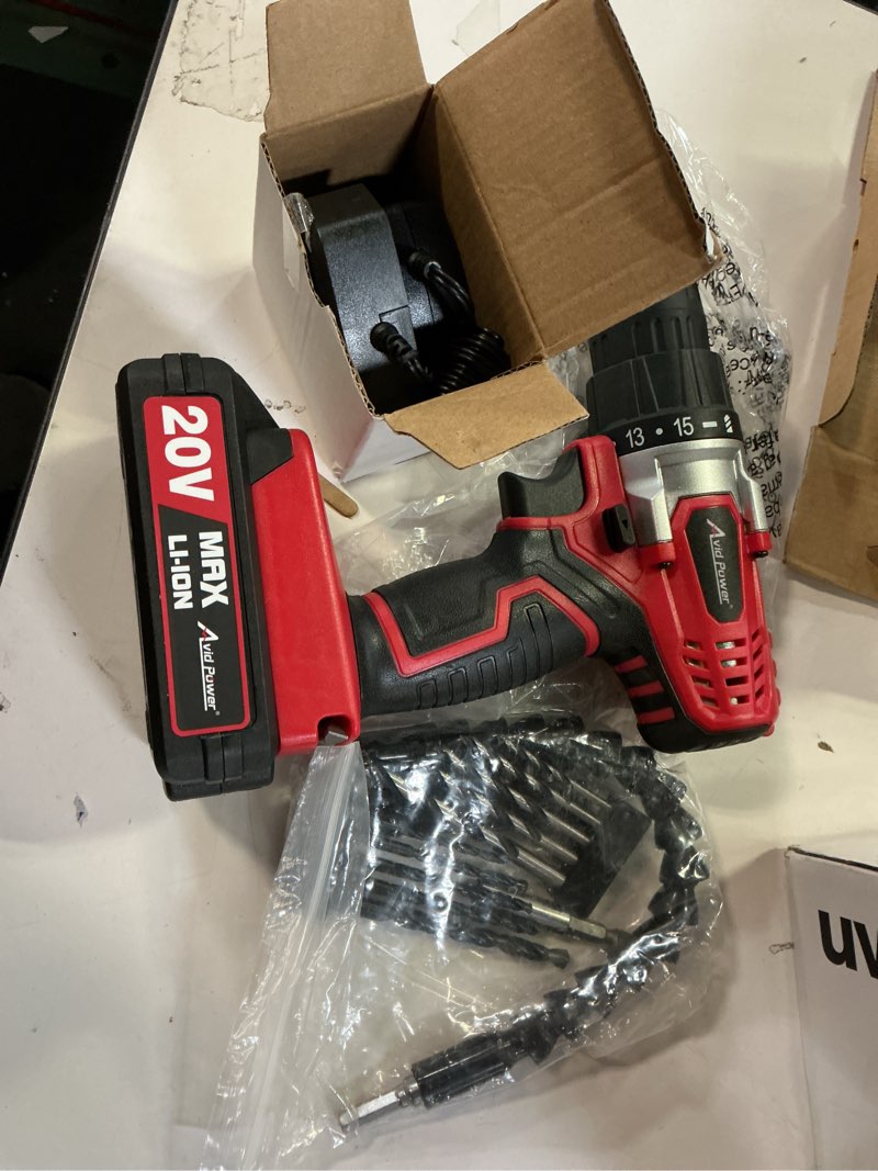 Condition photo showing New/Like New for AVID POWER 20V MAX Lithium lon Cordless Drill Set, Power Drill Kit with Battery and Charger, 3/8-Inch Keyless Chuck, Variable Speed, 16 Position and 22pcs Drill Bits (Red) 1-red