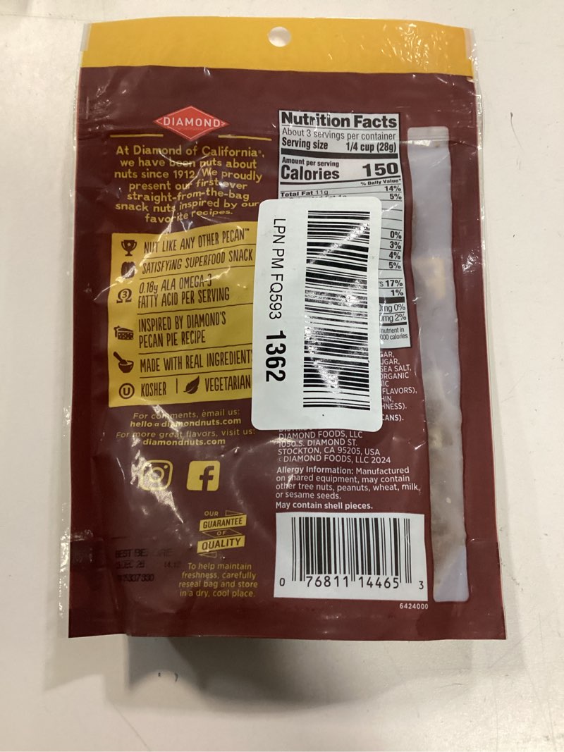 Condition photo showing New/Like New for diamond of california pecan pie pecan nuts, 3.25 oz. pecan pie 1 pack