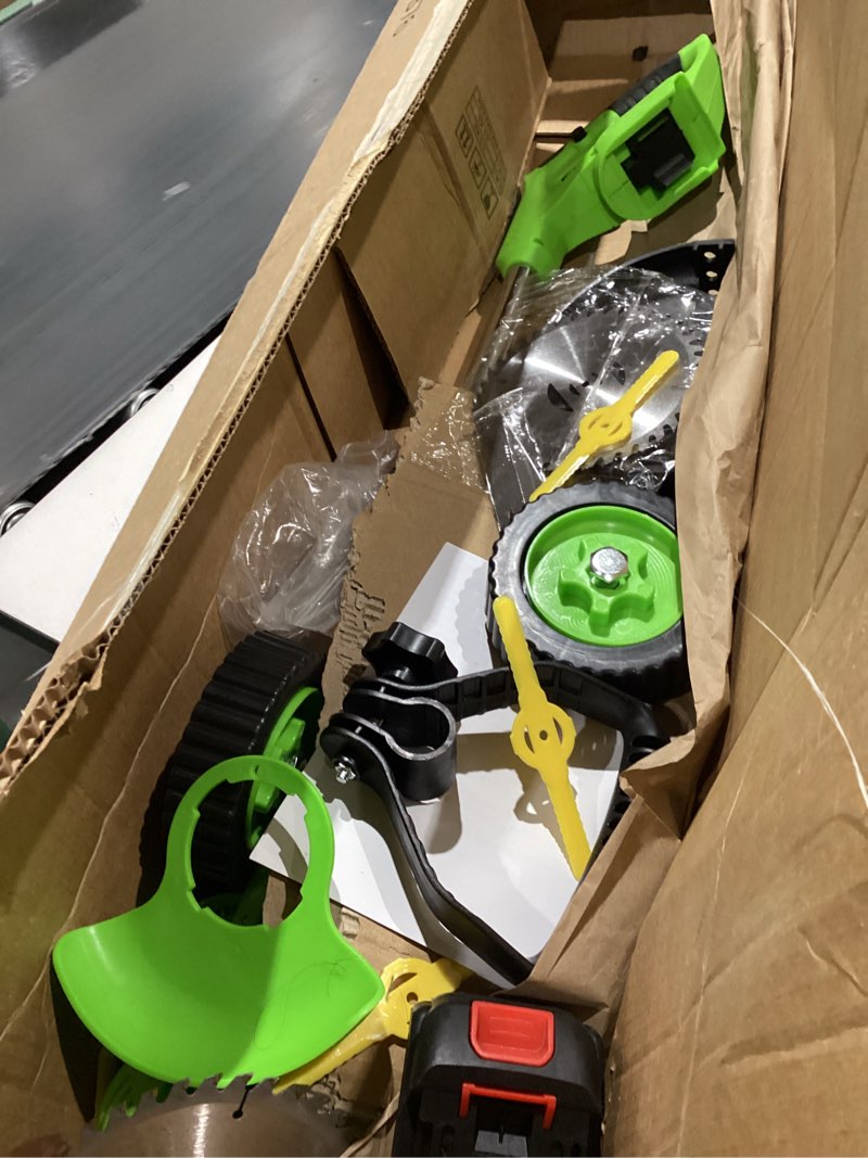 Condition photo showing As Is for electric weed wacker cordless eater, 21v no string trimmer battery powered,3 in 1 lightweight grass trimmer/brush cutter/edger with wheels and metal blade, stringless weed trimmer for lawn yard garden