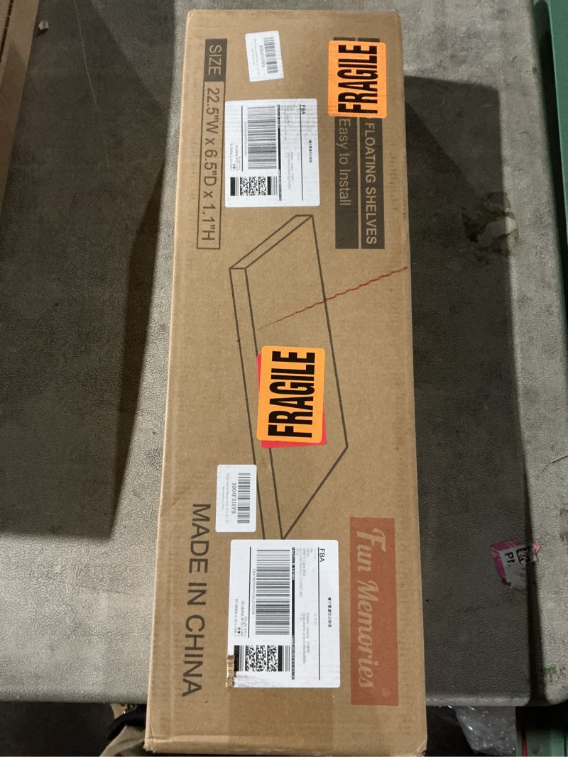 Condition photo showing Good Condition for Fun Memories Floating Shelves for Wall, 22.5" Rustic Wood Deep Wall Mounted Shelves with Invisible Brackets for Wall Decor & Storage, Floating Shelf for Living Room, Bathroom (Oak, Set of 2) Oak 22.5"W x 6.5"D, Set of 2