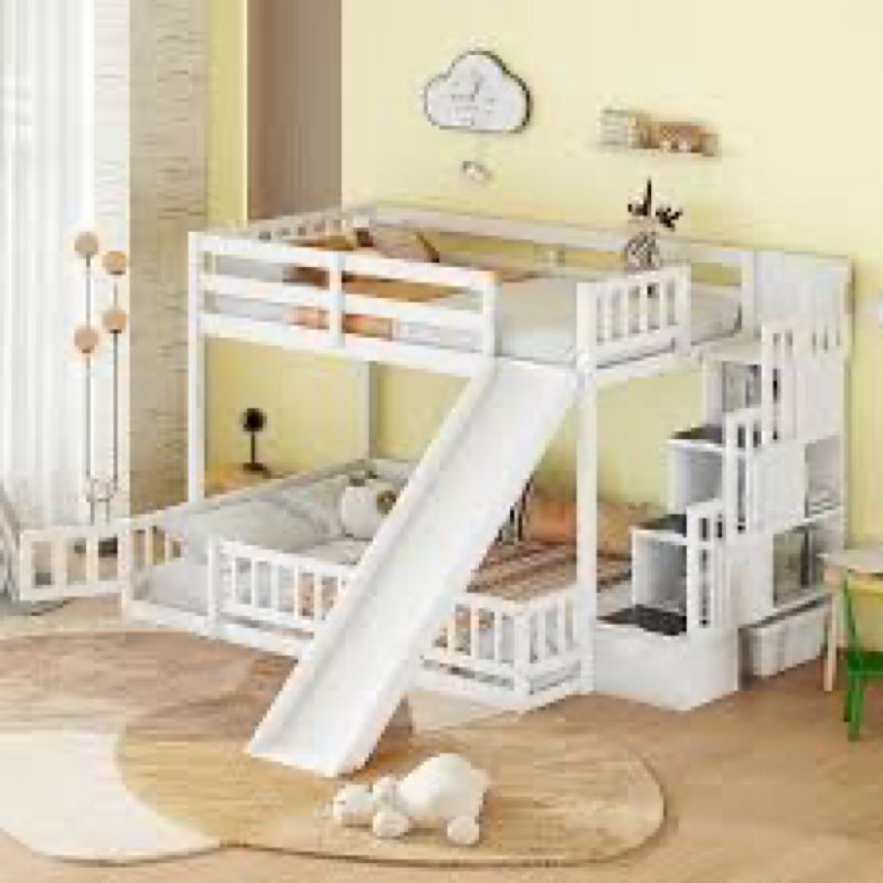Incomplete * missing box 1*Twin Over Full Bunk Bed with Slide and Storage Staircase,Floor Bunk Beds,Kids Bunk Bed with Safety G