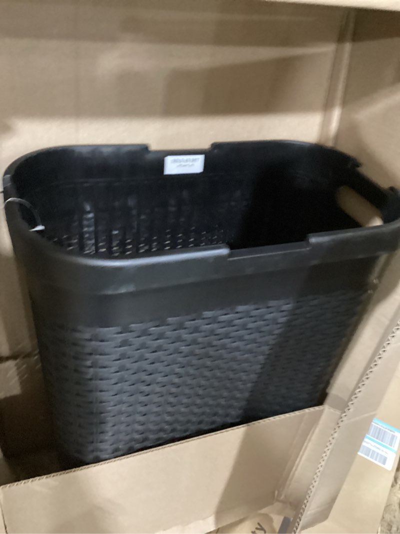 Condition photo showing New/Like New for mind reader 40l slim laundry hamper, clothes basket, lid, wicker design, plastic, 18"l x 10.4"w x 23.5"h, black