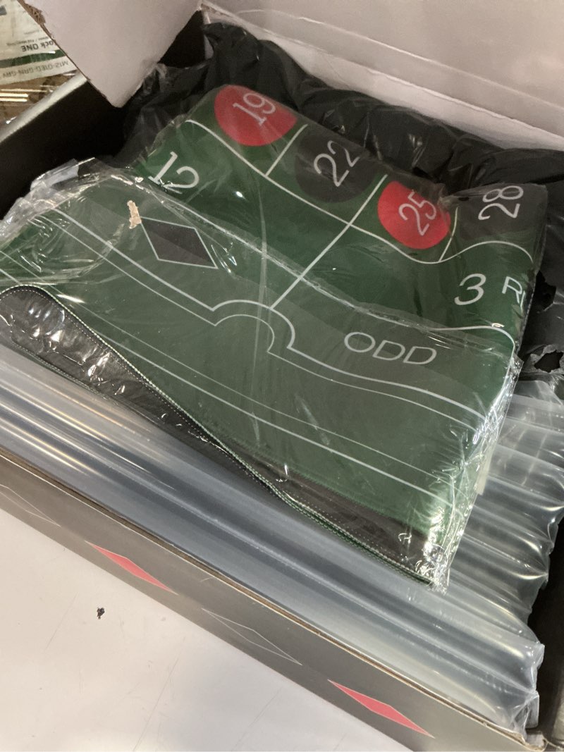 Condition photo showing Good Condition for 16 inch roulette wheel game set include black roulette wheel,47.2" x 23.6" anti-slip rubber game mat x2, 200 chips, chip rake, win marker, dealer button, instruction manual,storage box (style 1)