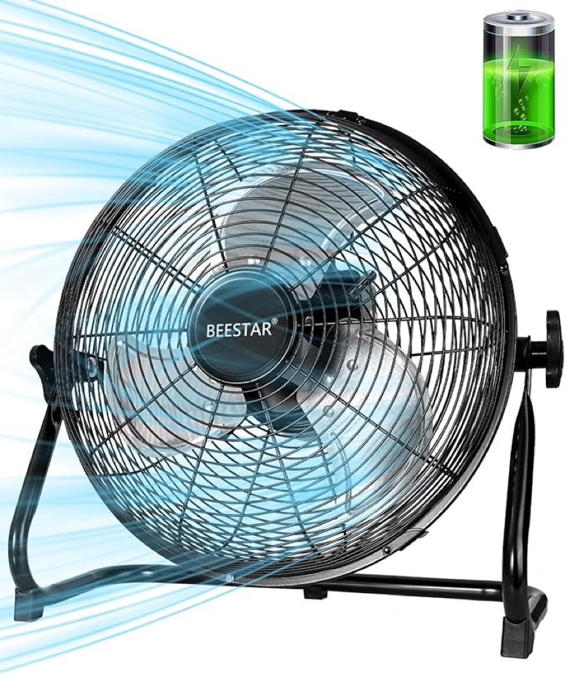 beestar battery operated fan, rechargeable floor fan, metal blade run up to 30 hours,15600 mah battery powered fan for garage, backyard, camping, travel,black (black)