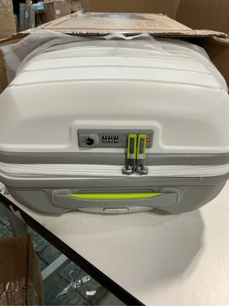 Condition photo showing Good Condition for Samsonite Freeform Hardside Carry-On Luggage with Spinner Wheels - Hardshell Suitcase - TSA, Airline-Approved - Expandable Hard Shell, Smooth Rolling Wheels for Lightweight Travel - White/Grey Carry-on Spinner White/Grey