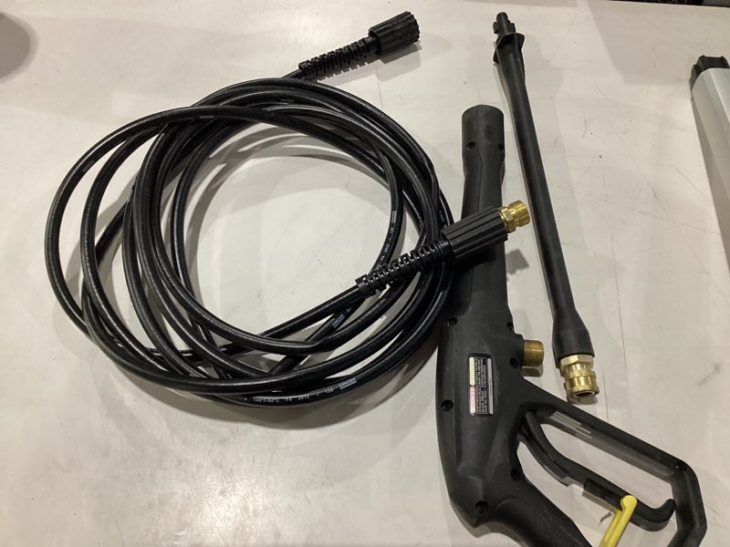 Condition photo showing As Is for *similar to stock* kärcher pressure washer k2100ps, ceta certified, 3 spray nozzles, detergent tank, for cars, driveways, siding, patios, 1.2 gpm k2100ps yellow