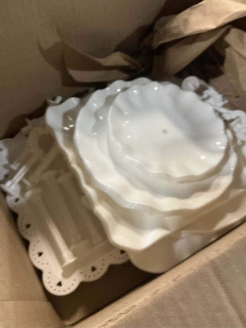 Condition photo showing As Is for pack of 10 nwk cake stand set with 3 x two-tier and 3 x three-tier cupcake stands, 4 x appetizer trays, for birthday baby bridal shower party (white)