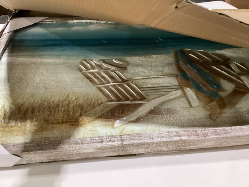 Condition photo showing New/Like New for Coastal Abstract Seascape Canvas Wall Art Beach Chair on Sand Painting Artwork Print for Bedroom Living Room(40"*20") Coastal wall art 40L" x 20W"