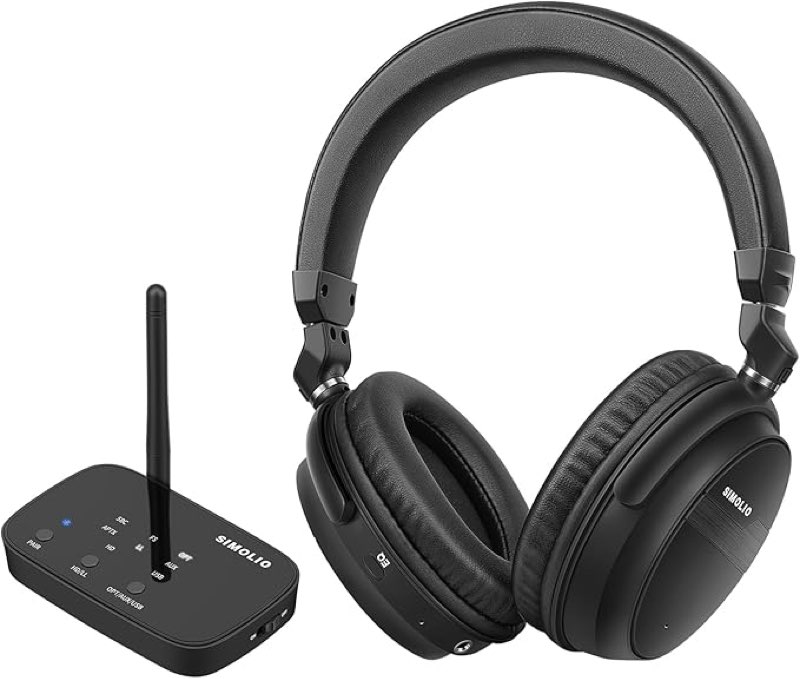 SIMOLIO Wireless Headphones for TV with 3 EQ, aptX Low Latency Bluetooth Transmitter Headphones Set for TV with Dialog Mode, Digital Optical/AUX/RCA, Volume Control for Seniors, 40 Hours Playtime
