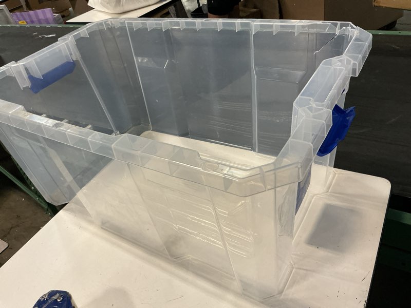 Condition photo showing As Is for (incomplete missing top) kobalt large 27 -gallons ( 108 -quarts ) clear heavy duty stackable tote with latching lid