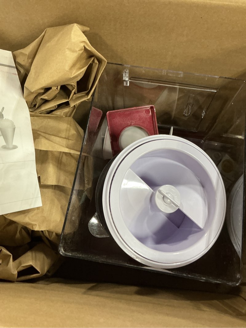 Condition photo showing As Is for nostalgia snow cone shaved ice machine - retro table-top slushie machine makes 20 icy treats - includes 2 reusable plastic cups & ice scoop - retro red table top metallic red