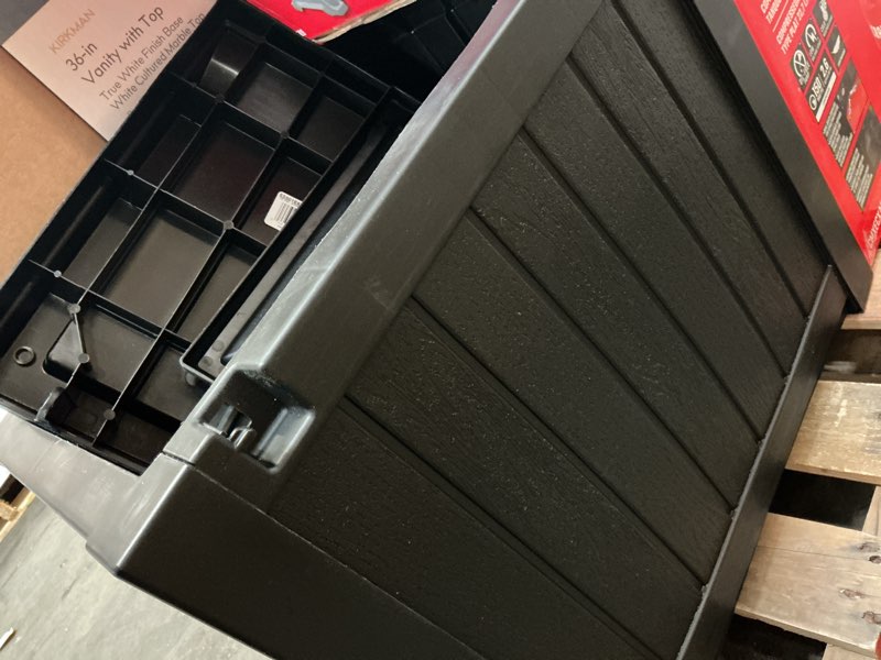 Condition photo showing As Is for suncast outdoor storage 22-gallon black plastic deck box